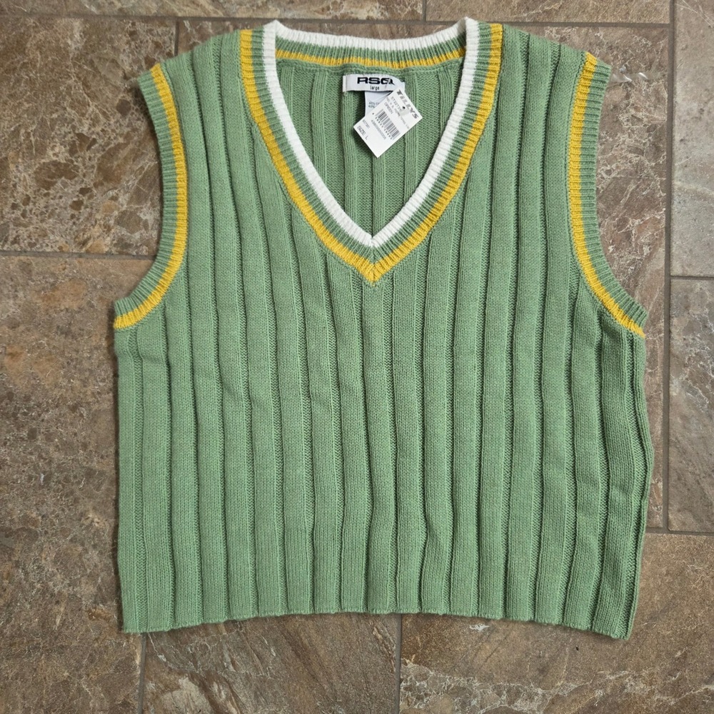 NWT RSQ Women's Green‎ Ribbed V Neck Sweater Vest White Yellow Trim Large Preppy